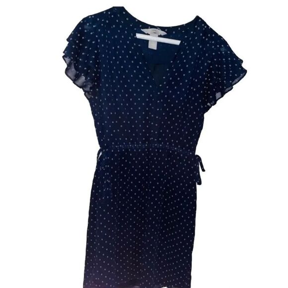 LOFT Navy Blue Polka Dot Ruffle Sleeve V-Neck Tie Waist Dress - Picture 1 of 8